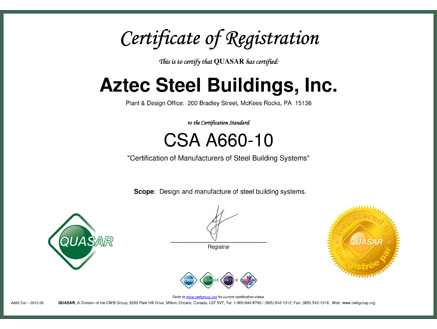 CANADA CAN/CSA A660 Certification of Steel Building Systems