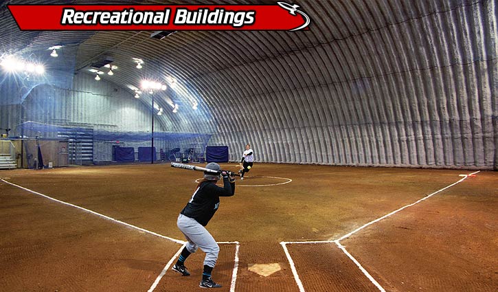 recreational metal buildings shown with a baseball field inside 